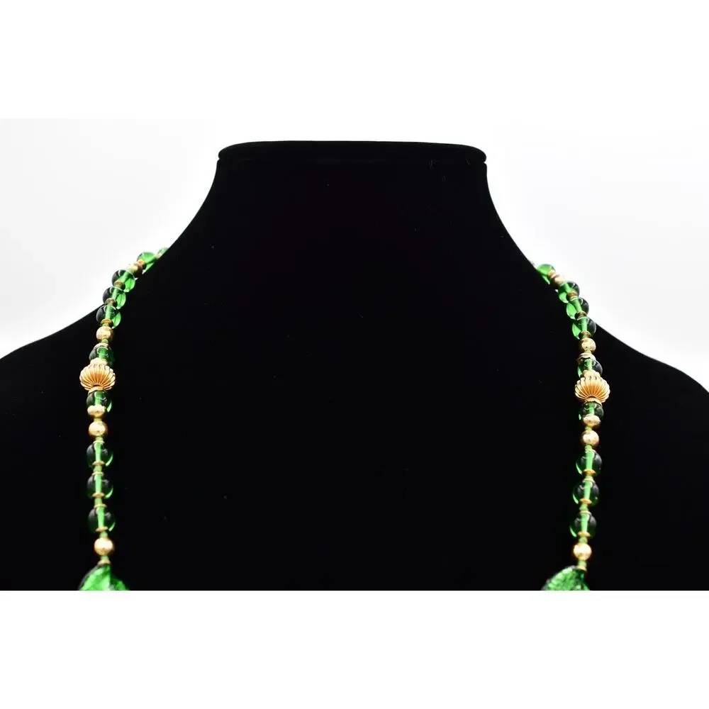 Vintage Artisan Glass Beaded Necklace Green Leaf Gold Fall Autumn 1980s BinBL